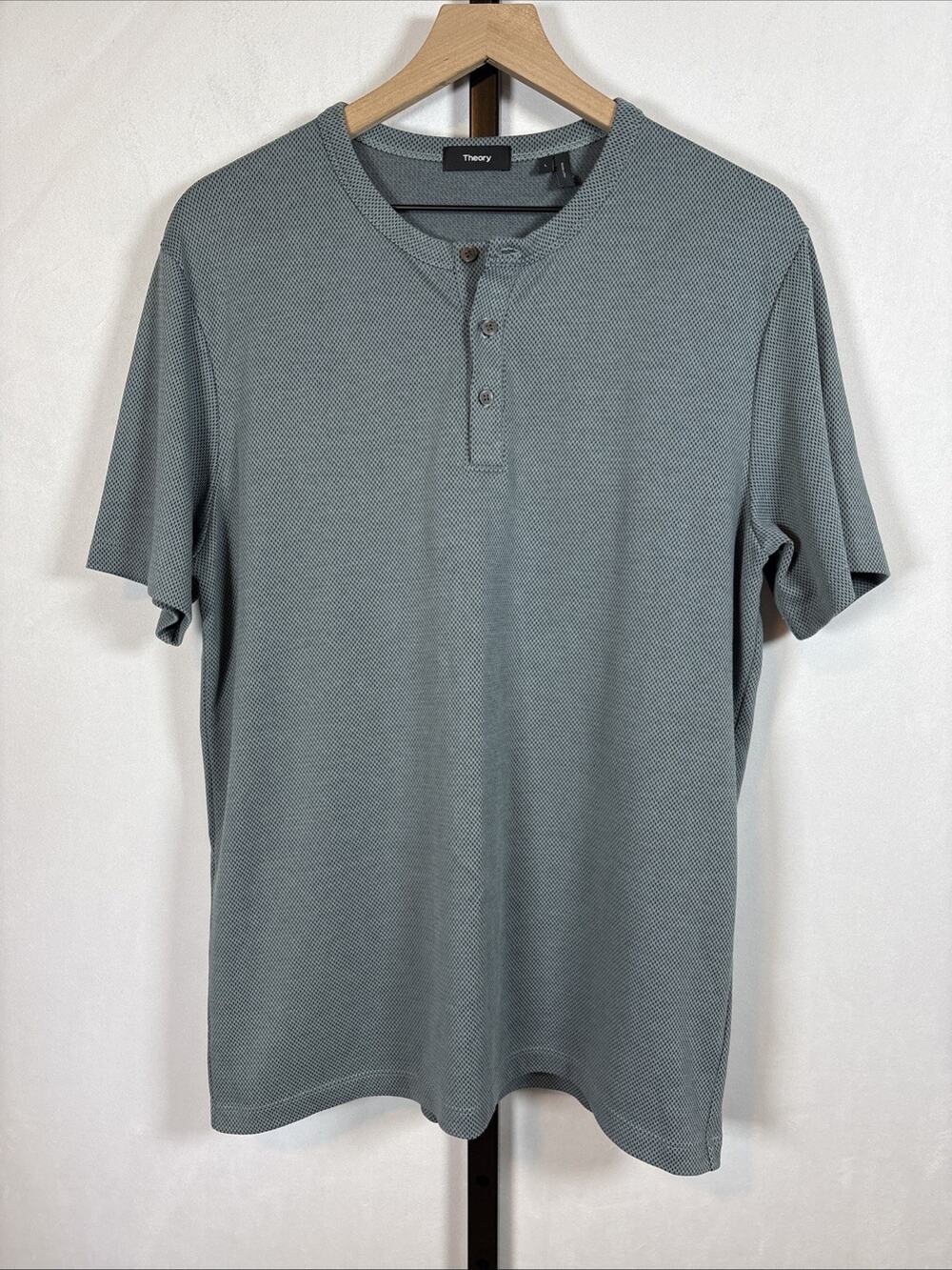 Theory Essential Henley Shirt Men's Large Blue Jacquard Knit Short Sleeve Casual